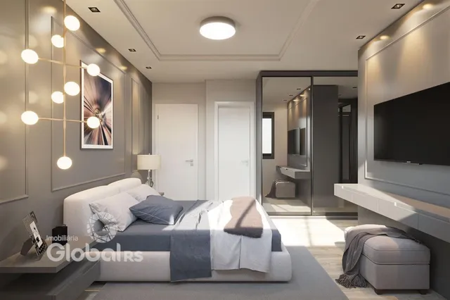 Quarto moderno com cama e decoração em um apartamento.