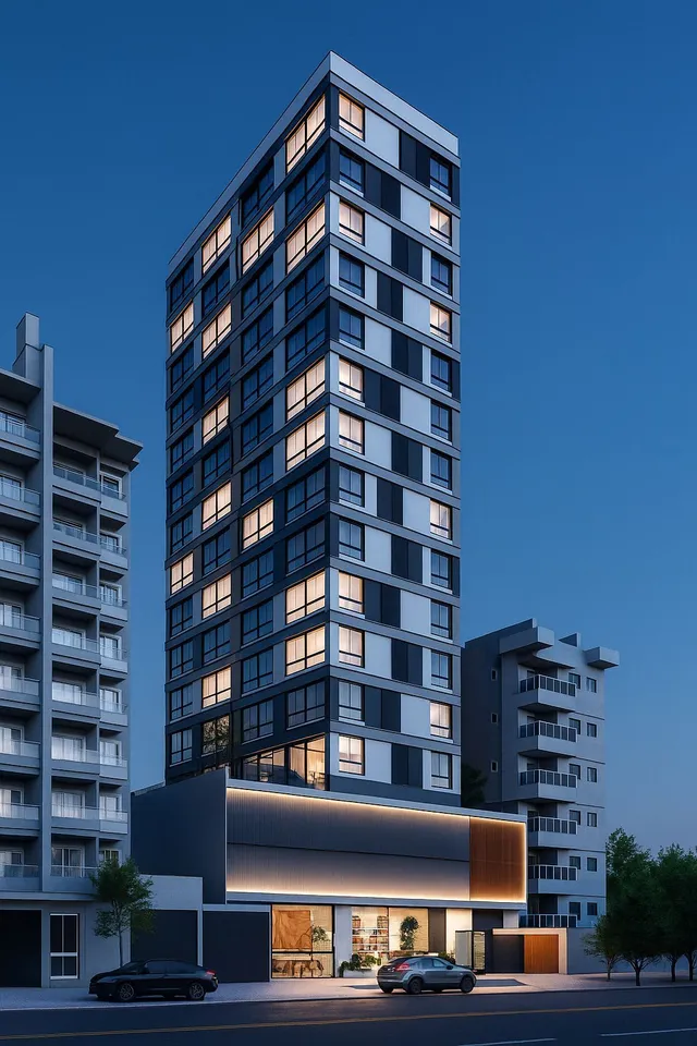 Fachada moderna de um prédio residencial em Lajeado, Brasil.