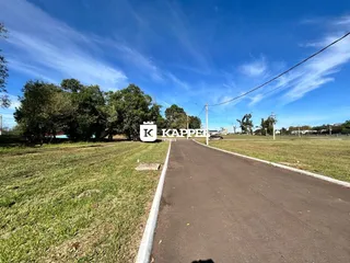 Vista externa da rua de acesso com gramado e árvores ao fundo.