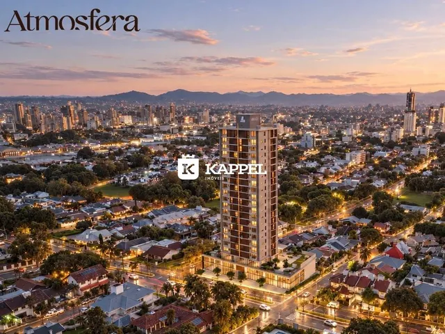Vista aérea da paisagem urbana de Lajeado ao pôr do sol.