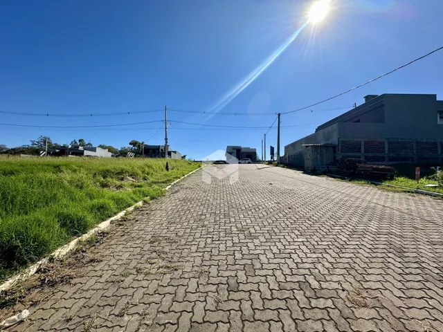 Vista da propriedade com gramado e estrada de paralelepípedos.