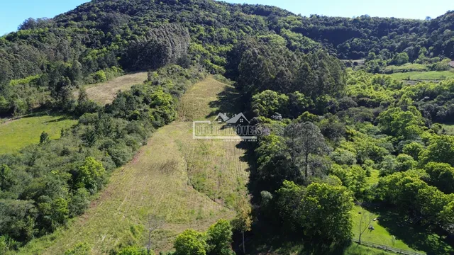 Vista aérea de paisagem de mata e campos na região de Lajeado.