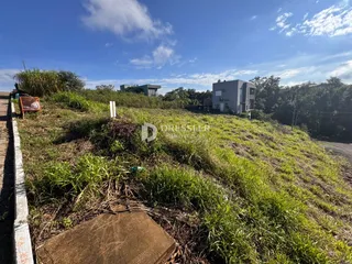 Vista da propriedade com terreno inclinado e vegetação densa.