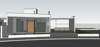 Planta baixa de uma residência com garagem e fachada.