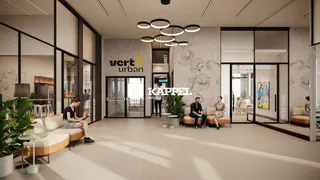 Sala de estar moderna com grandes janelas e mobiliário de design.