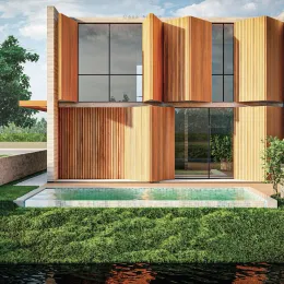 Fachada moderna de uma residência com revestimento de madeira e piscina no jardim.