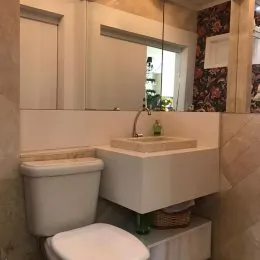 Foto de um banheiro mostrando um vaso sanitário e uma pia brancas.