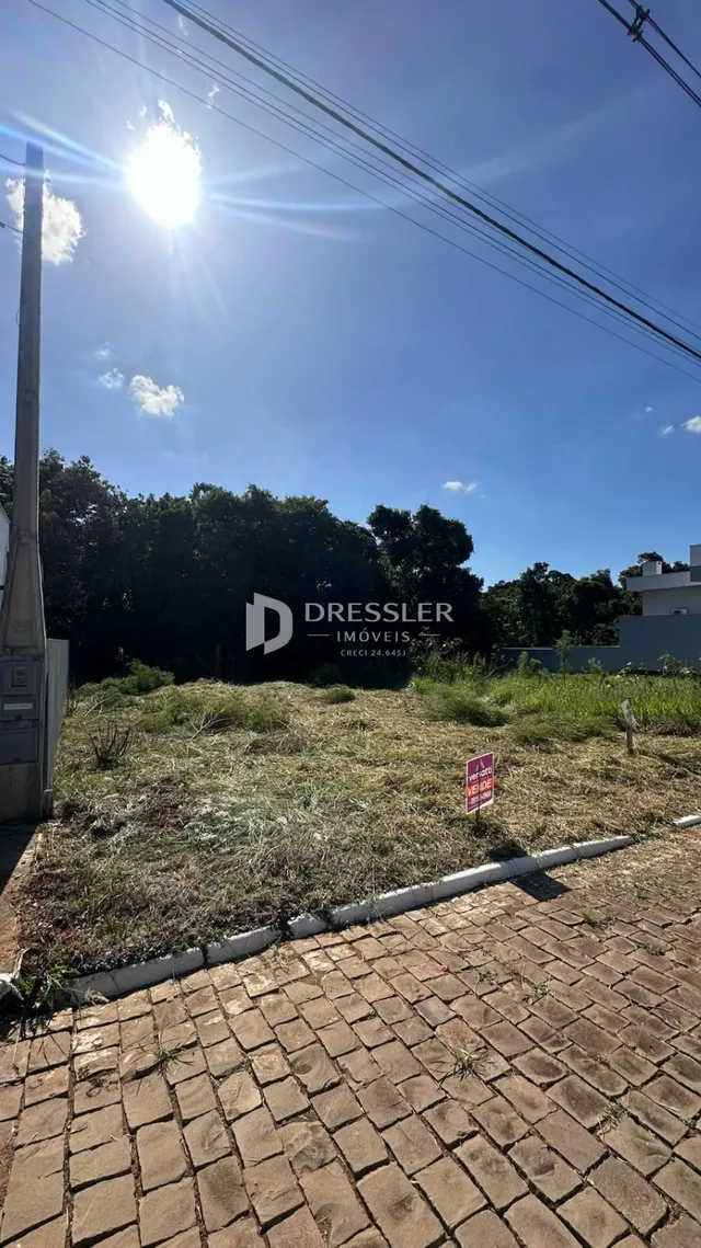Vista externa de um terreno com grama seca e pavimento de tijolos.