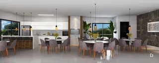 Foto de uma sala de estar ampla com piso claro e paredes brancas.