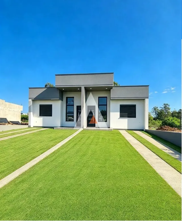Fachada de uma casa moderna em Lajeado com jardim gramado.