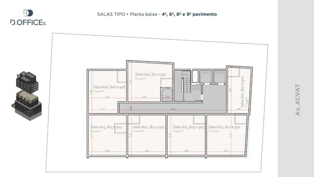 Planta baixa mostrando o layout das salas dos pavimentos 4º, 6º, 8º e 9º de um imóvel.