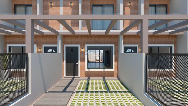 Fachada de um prédio residencial com detalhes em tijolo e varanda.