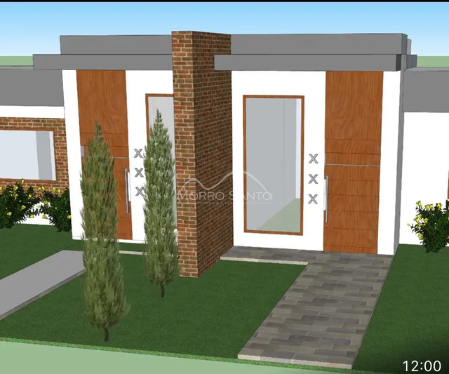 Fachada de uma residência com revestimento de tijolo aparente e detalhes em madeira.