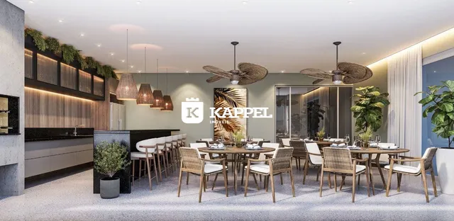 Uma sala de jantar moderna com mesa de madeira e iluminação sofisticada.
