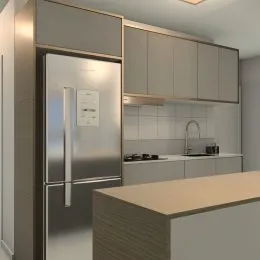 Foto de um interior de cozinha mostrando armários superiores e um refrigerador de aço inoxidável.
