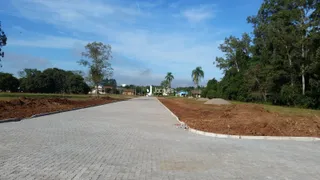Uma estrada pavimentada leva a uma área de terra com vegetação ao fundo.
