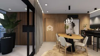 Ambiente moderno de sala de jantar com painéis de madeira.
