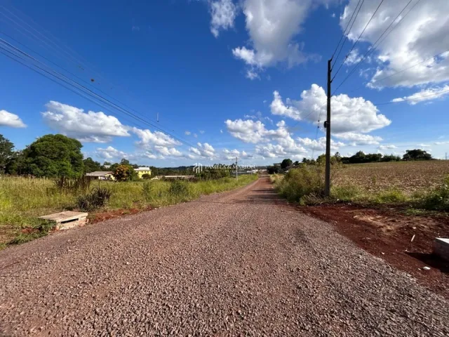 Uma estrada de terra leva a um campo aberto sob um céu azul.
