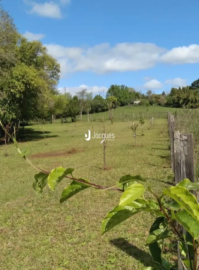 Vista de um campo gramado com cerca de madeira em Lajeado.