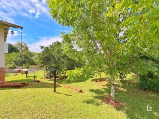 Vista de um jardim gramado com árvores sob um céu azul.