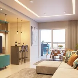 Sala de estar com sofá e iluminação moderna em um apartamento.