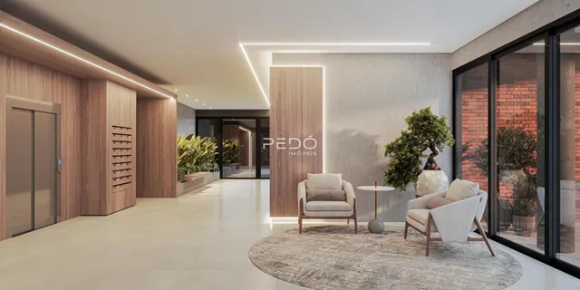 Sala de estar moderna com piso claro e paredes de concreto em um imóvel no Brasil.