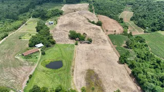 Vista aérea de uma propriedade rural com campos e vegetação na região de Lajeado.