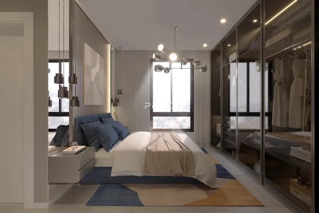 Quarto com cama e armário de closet.
