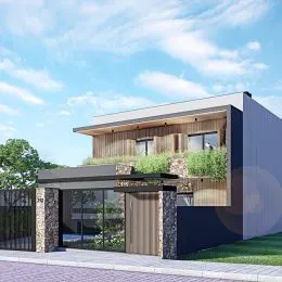 Fachada de uma casa moderna com revestimento de madeira e pedra.