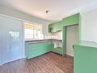 Cozinha com armários verdes e piso de madeira clara.