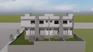Fachada externa de uma residência moderna com jardim em Lajeado.