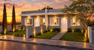 Fachada moderna de uma casa em Lajeado, Brasil, com jardim bem cuidado.