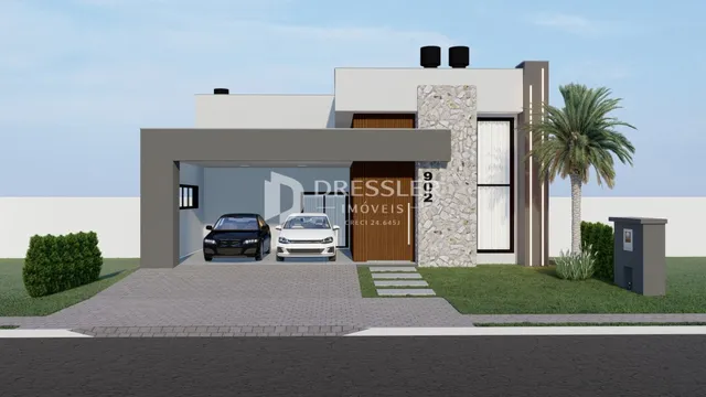 Fachada de uma casa moderna com garagem e paisagismo em Lajeado.