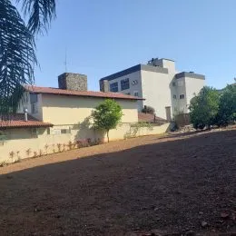 Vista externa de um terreno com terra batida e vegetação ao lado de uma edificação.
