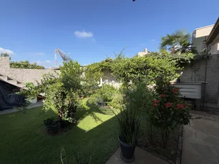 Vista externa de um jardim com gramado e vegetação.
