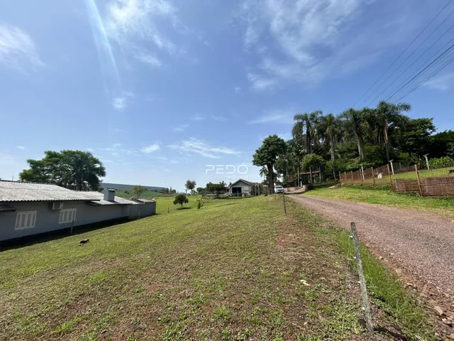 Vista da propriedade rural em Lajeado, Brasil, mostrando um campo gramado e uma estrada de terra.