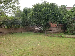Área externa com gramado e vegetação ao redor de uma propriedade.
