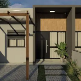 Fachada de uma residência moderna com detalhes em madeira e revestimento de pedra.