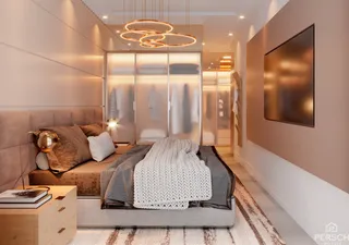 Quarto com cama grande e guarda-roupa em um apartamento.