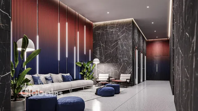 Sala de estar moderna com paredes de madeira e revestimento de mármore escuro.