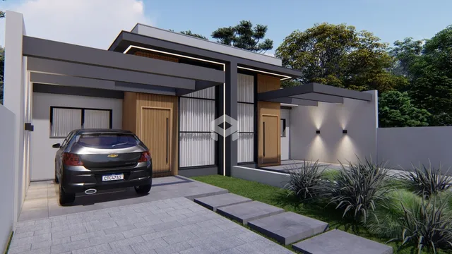 Fachada moderna de uma residência em Lajeado, Brasil com garagem e jardim.