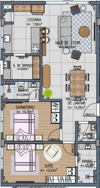 Planta baixa mostrando a disposição dos cômodos da cozinha, sala de estar e dormitório.