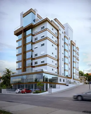 Fachada de um edifício residencial moderno com detalhes em vidro e revestimento em Lajeado, Brasil.