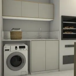 Armários de cozinha e máquina de lavar roupa são visíveis na imagem.
