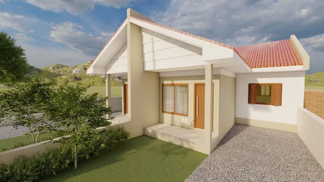 Renderização da fachada de uma casa em Lajeado, Brasil, com telhado de telhas vermelhas.