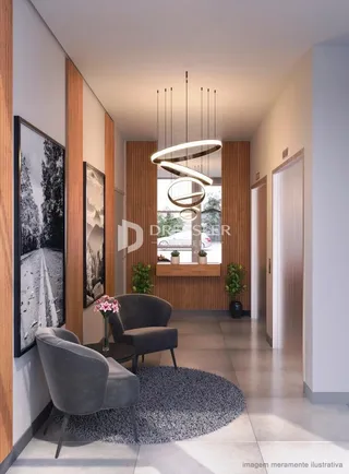Sala de estar com painéis de madeira e iluminação moderna.
