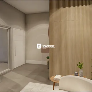 Interior de uma sala com painel de madeira e móveis decorativos.