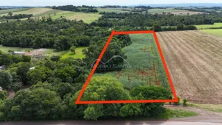 Vista aérea de um terreno com vegetação densa e áreas de cultivo.