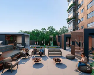 Vista de uma área de lazer externa moderna com mobiliário de jardim em Lajeado.
