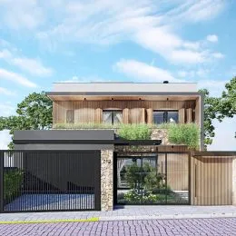 Fachada moderna de uma residência com revestimento de madeira em Lajeado, Brasil.